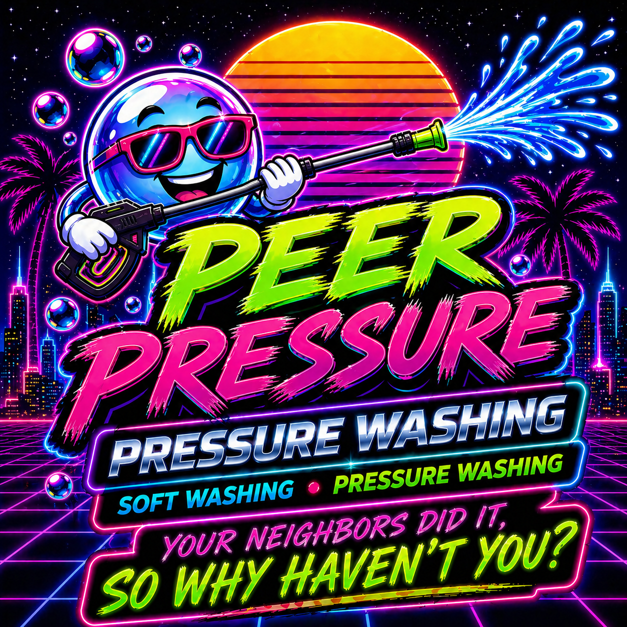 Peer Pressure Washing neon mascot blasting water